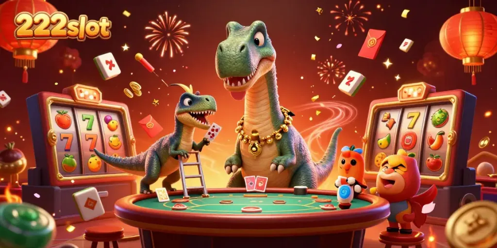 Bermain di 222slot, dengan brontosaurus besar dan raptor cerdas di kasino.