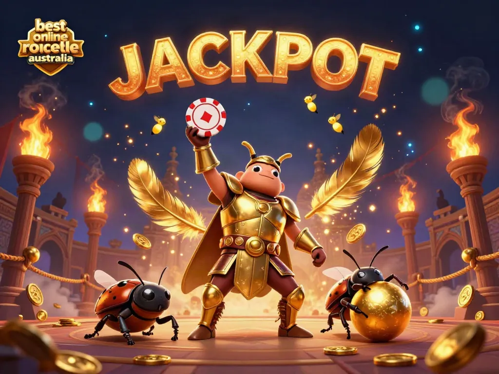 Experience the thrill with the best online roulette Australia, featuring a heroic beetle celebrating a jackpot.