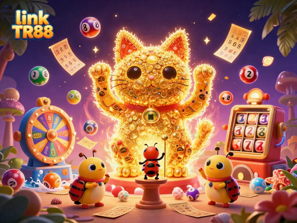 Engage with link TR88 as colorful lottery balls and casino symbols create a vibrant gaming atmosphere.