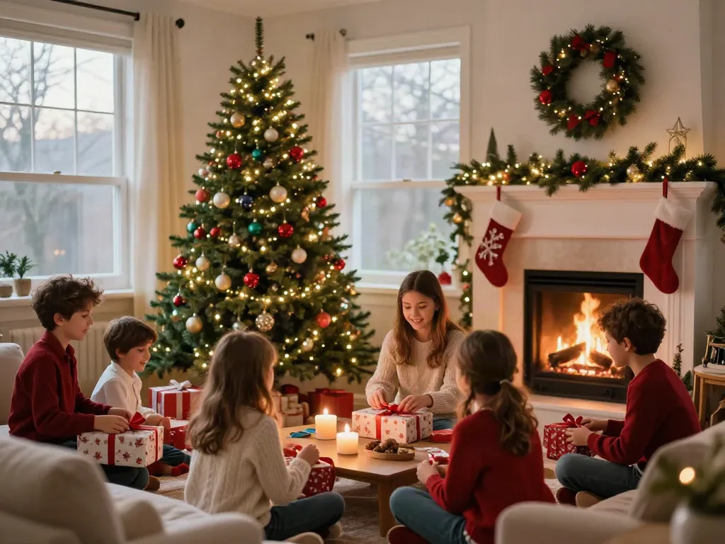 Joyful family decorating a pencil Christmas tree in a cozy living room.