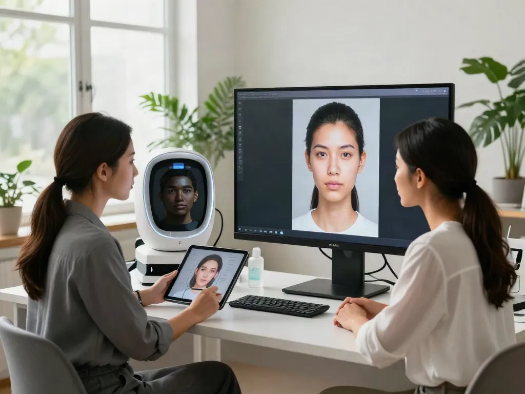 Alternatives to QOVES - beauty analysis session with AI technology in a modern workspace.