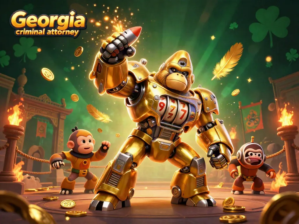 Engage with expert Georgia criminal attorney in a vibrant casino-themed scene featuring a dynamic golden gorilla mech.