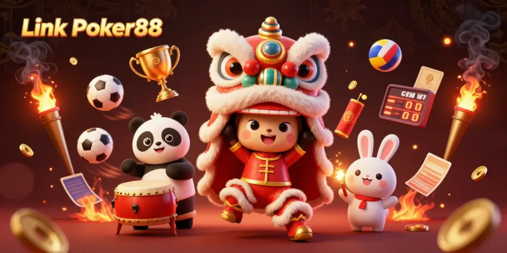 Experience the excitement of betting with Link Poker88 in a vibrant casino-themed illustration.
