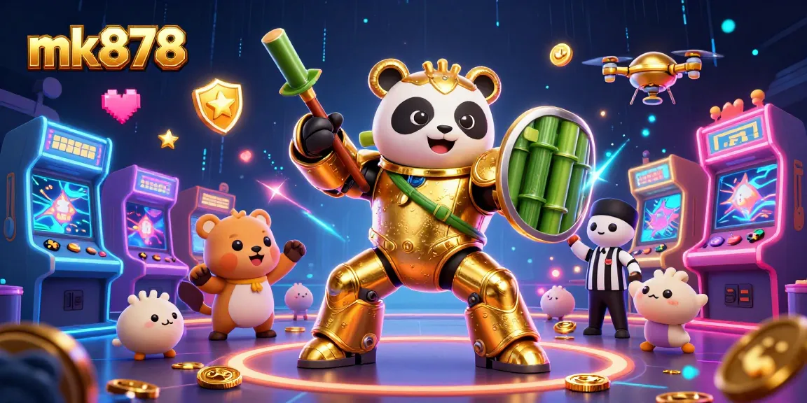 Experience thrilling gameplay at mk878 with a dynamic 3D casino scene featuring a mech-suit panda and arcade elements.