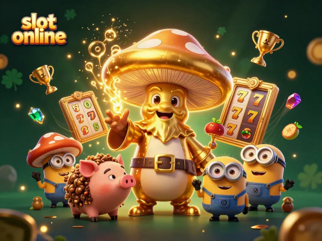 Experience the magic of slot online with a whimsical wizard and treasures in this vibrant casino illustration.