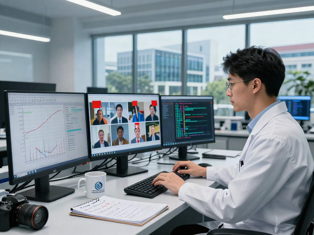 Data scientist analyzing AI Image Detection accuracy in a modern lab environment