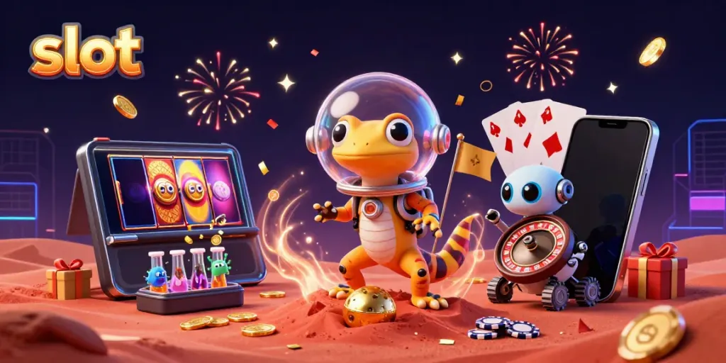 Experience exhilarating slot games with vibrant graphics and animated characters in a thrilling casino scene.