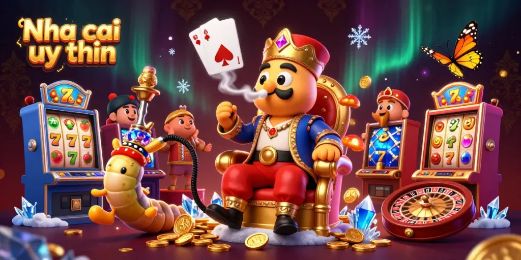 Nha cai uy tin illustrates a vibrant casino scene with cartoon characters and slot machines showcasing winning potential.