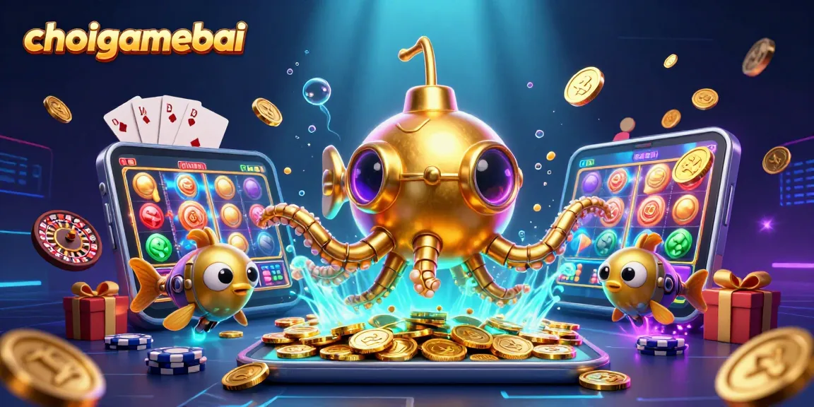 Play colorful slot games with choigamebai's dynamic golden kraken submarine and mechanical fish!
