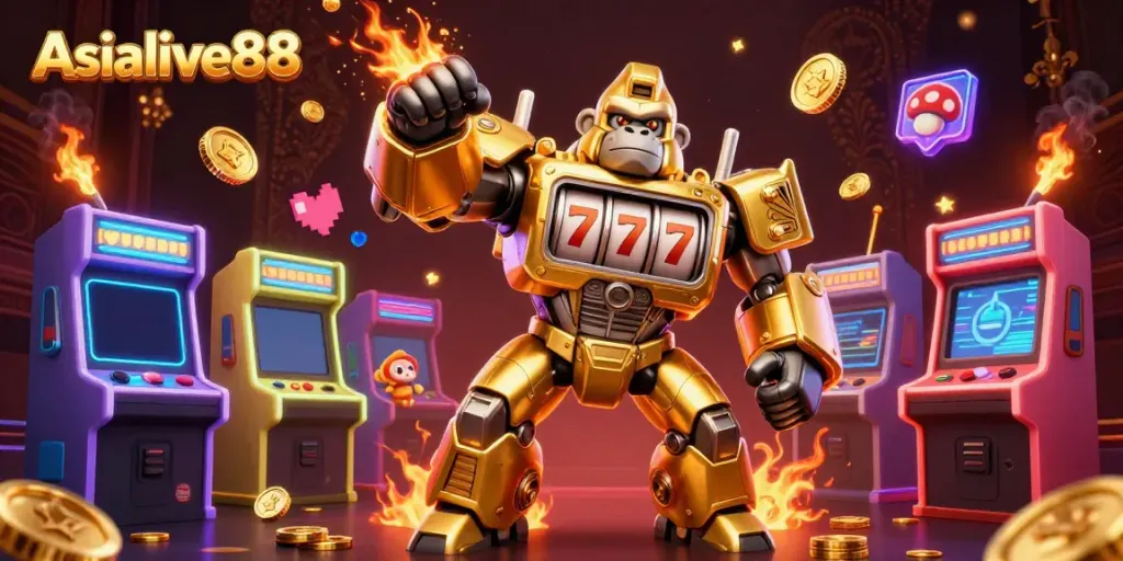 Experience the thrill of Asialive88 with a standout 3D illustration featuring a golden gorilla mech amidst dynamic casino elements.