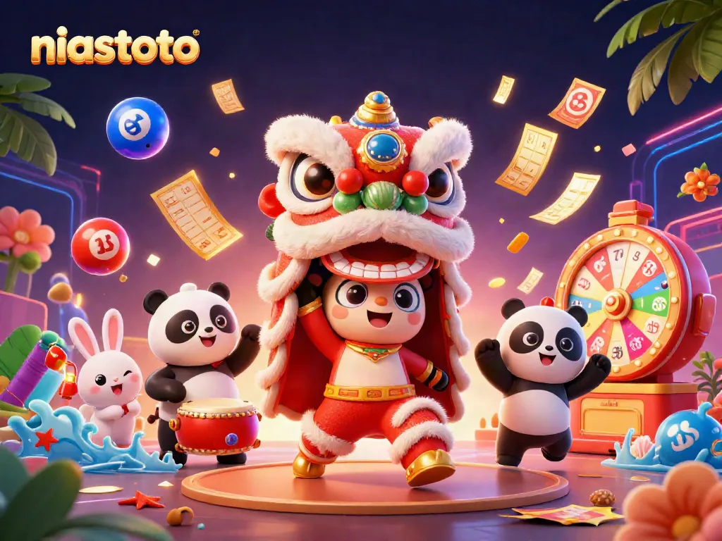 Experience the vibrant world of niastoto with a lively lion dance and animated gambling elements.