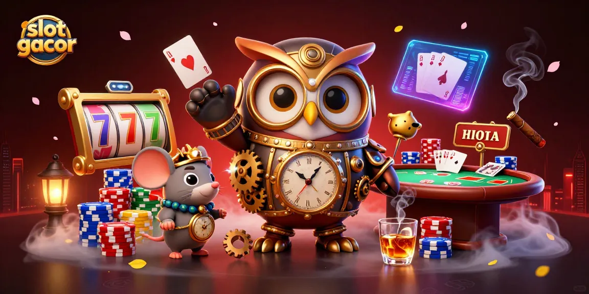 Experience the thrill of slot gacor with vibrant 3D illustrations of an owl and mouse amidst casino action.