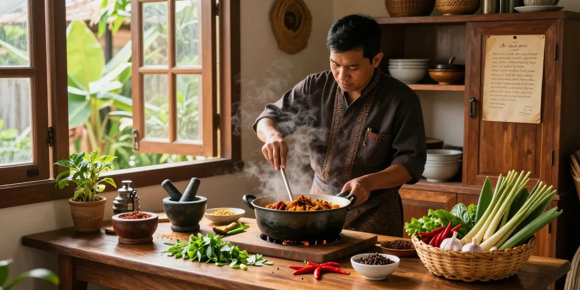 Situs epictoto resep rendang di dapur tradisional Indonesia, chef menyiapkan bahan segar.