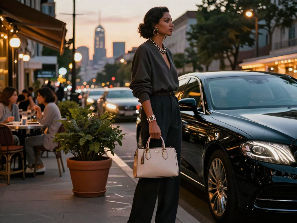 Gaya hidup mewah LUXURY111 dengan orang fashionable dan mobil mewah di kota.