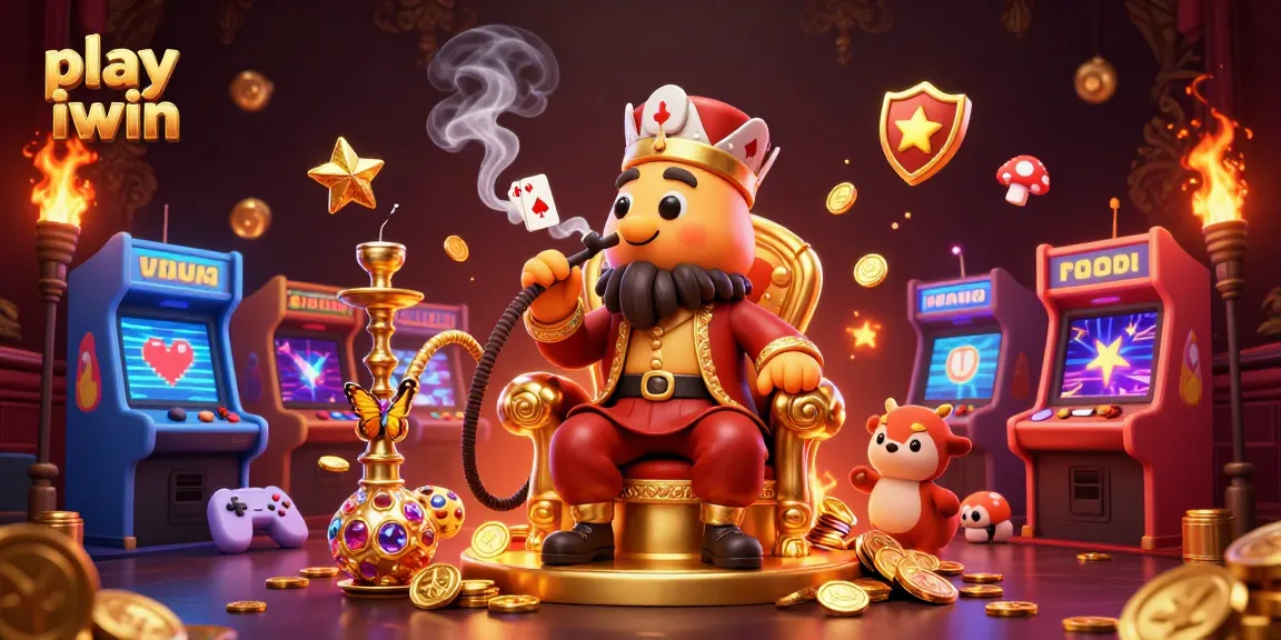 Play iwin and win big with a vibrant 3D illustration showcasing unique casino elements and characters.