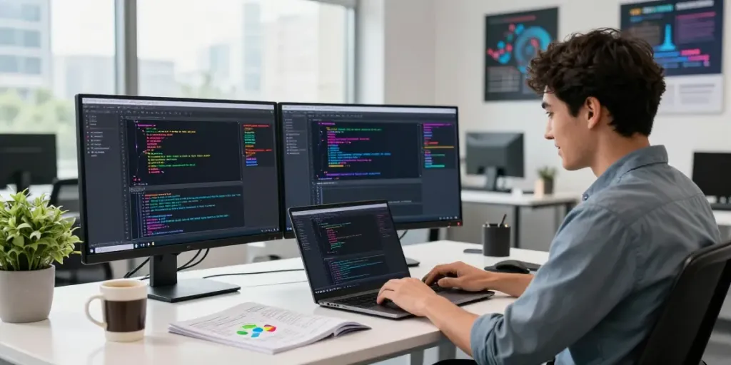 Engaging software development scene showcasing h5.2113.net open-source Android apps in a modern workspace.