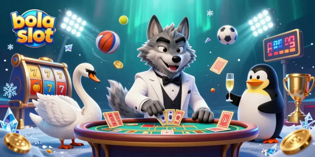 Win big with bola slot while enjoying this dynamic scene with cartoon characters and vibrant casino elements.