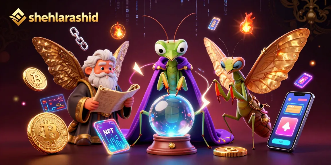 Engage with shehlarashid in an immersive 3D scene featuring mystical elements and vibrant cryptocurrencies.