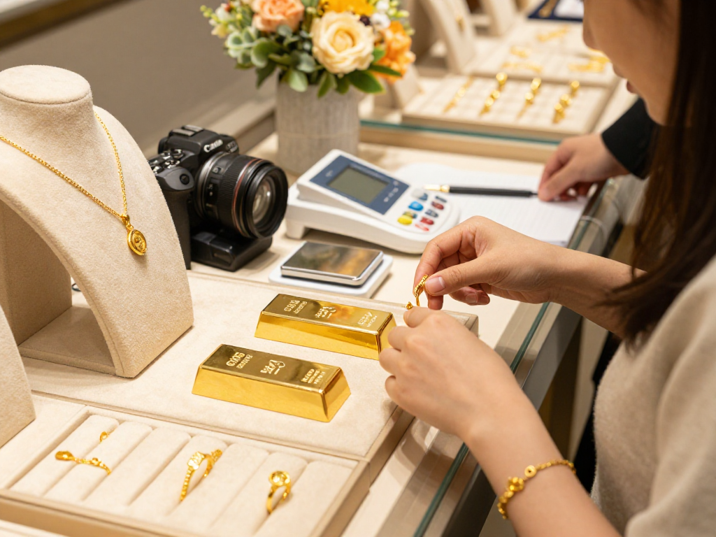 mantra88 gold jewelry display with gold bars and elegant designs