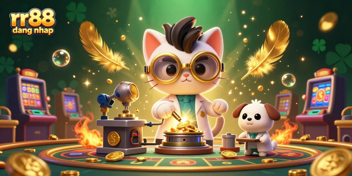 Spin and win at rr88 dang nhap with a lively casino scene featuring a cartoon cat and dog.