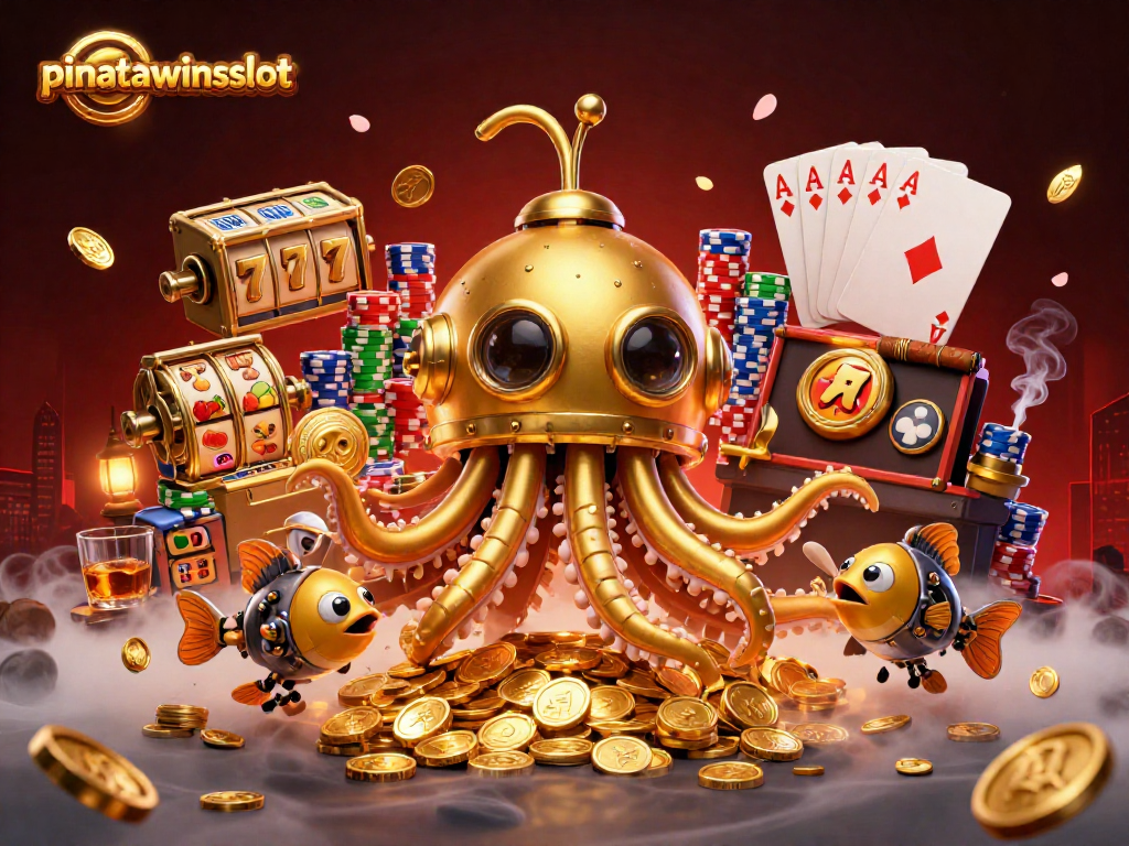 Experience pinatawinsslot with exciting slot reels and a golden kraken submarine in a vibrant casino setting.