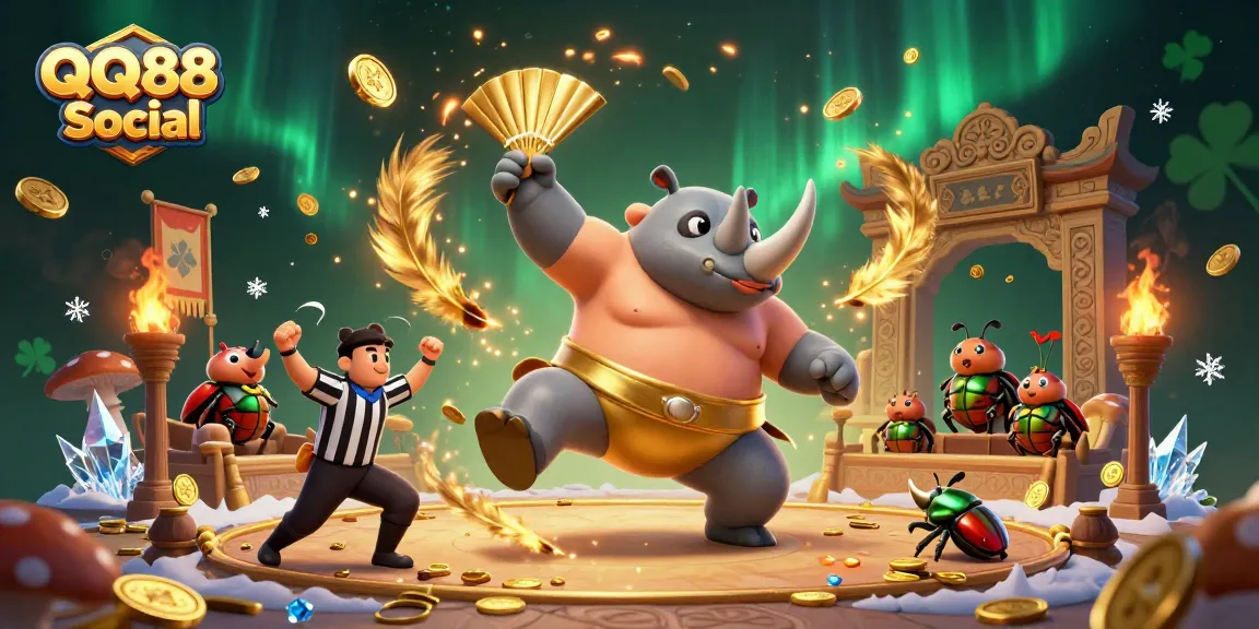Bet big with QQ88 Social: An exciting illustration showcasing a casino-themed beetle battle.