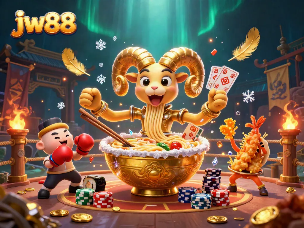Engage with jw88's vibrant casino world featuring a playful ramen bowl dealer amidst sparkling game elements.