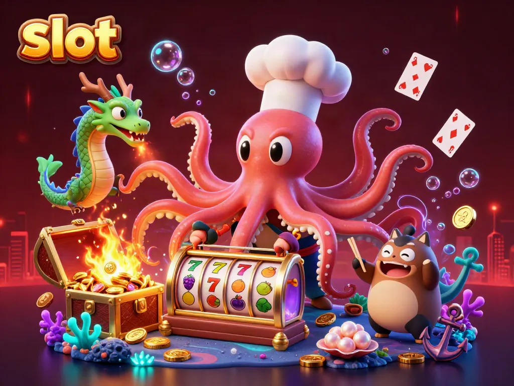 Slot mesin dengan karakter kartun unik, chef sushi gurita, naga wasabi, dan pelanggan tanuki.