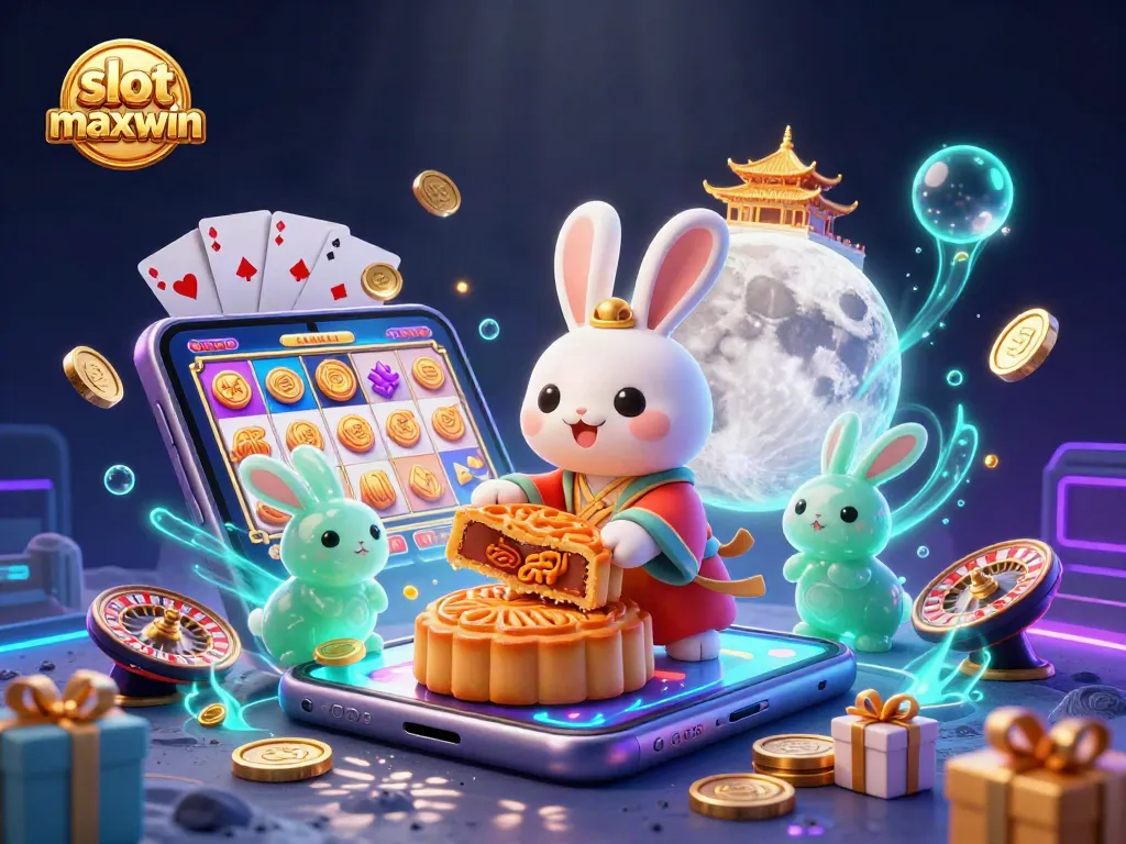 Experience the thrill of slot maxwin with playful characters revealing poker chips amidst vibrant casino elements.