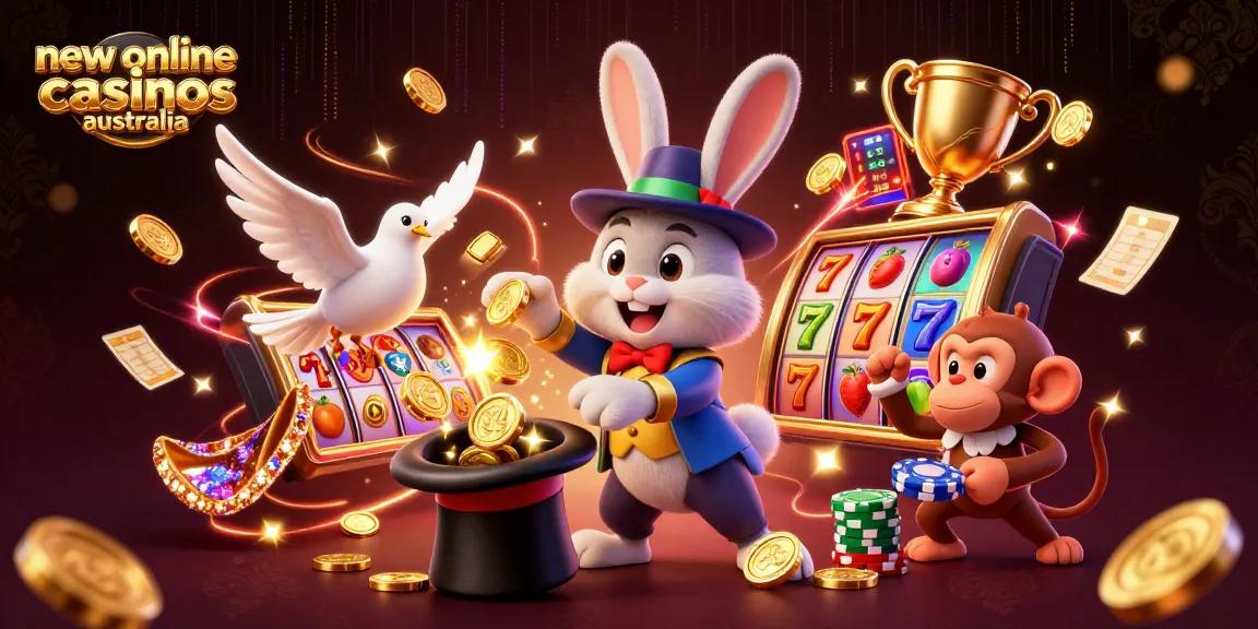Experience the excitement of new online casinos Australia featuring a magician and casino elements in a dynamic scene.