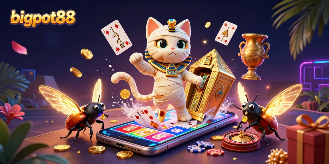 Mainkan bigpot88 dengan gembira di kasino piramid bersama kucing mummy dan scarab berkilau.