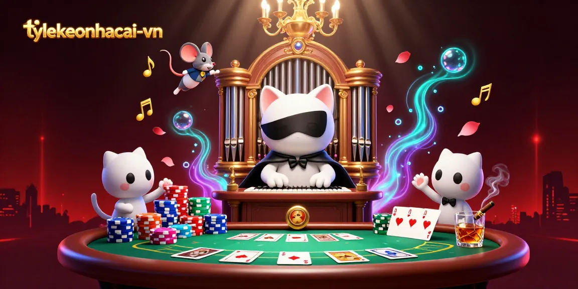 Engage in thrilling gameplay at tylekeonhacai-vn with a vivid casino scene featuring poker and acrobatics.