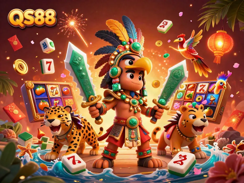 Experience vibrant QS88 slots with dynamic 3D Aztec warriors amidst golden casino elements and thrilling jackpots.