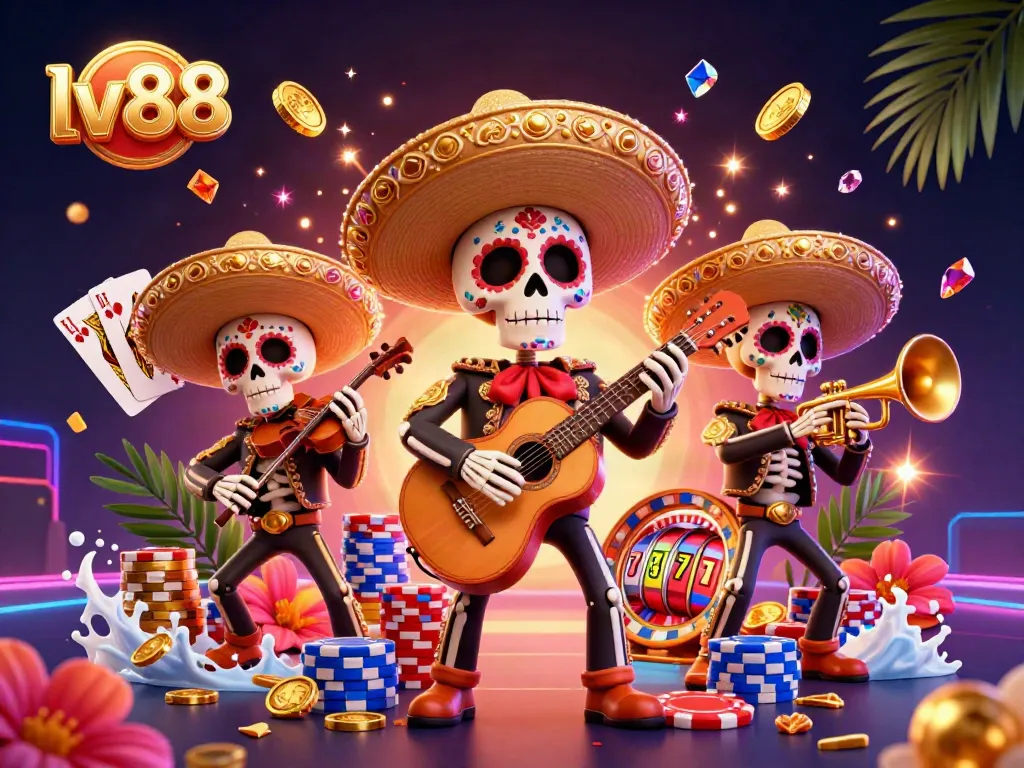 Spin the reels at lv88 and enjoy vibrant gameplay with skeleton mariachi band and casino elements.