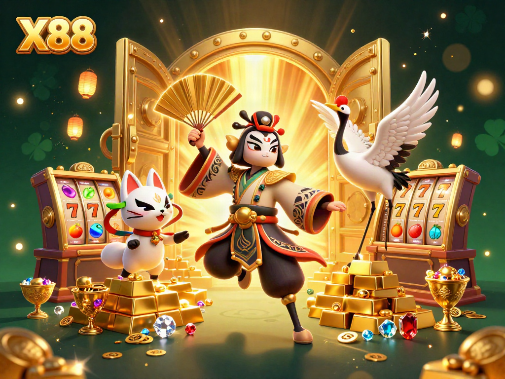 Experience the thrill of X88 with dynamic slot machines and glowing treasures in an immersive casino scene.