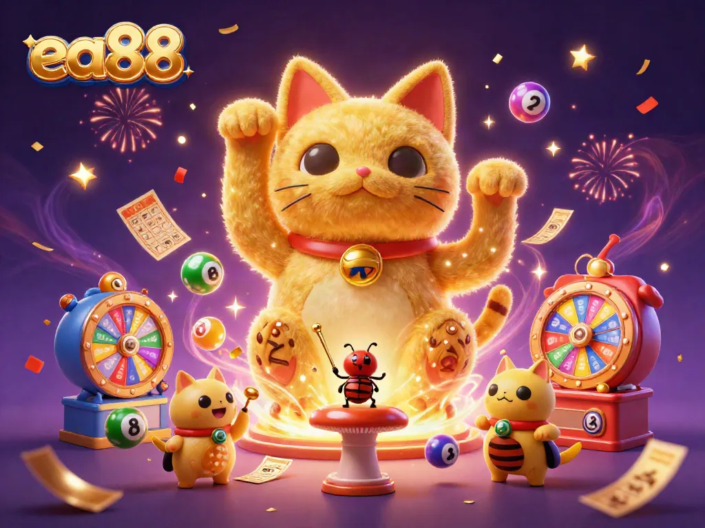 Chơi game tại ea88 với hình chú mèo may mắn bằng vàng và biểu tượng sòng bạc đầy sức sống.