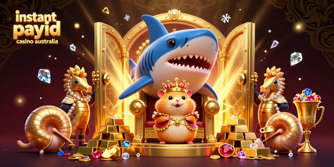 Experience instant payout payid casino australia with a vibrant 3D illustration featuring a golden hamster king surrounded by treasures.