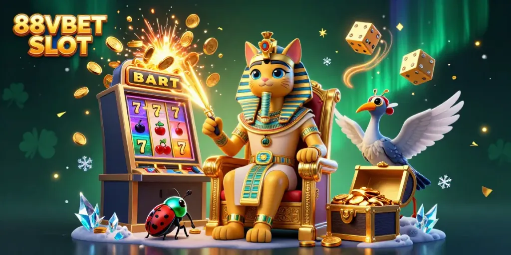 Experience the thrill of 88VBET SLOT with an explosive jackpot scene featuring a pharaoh cat, coins, and colorful game elements.