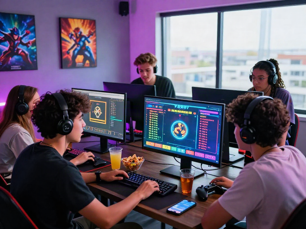 Excited friends enjoying togel online betting together in a vibrant gaming room.