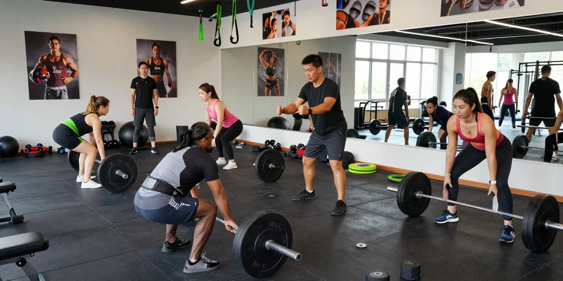 Driada Shop trainers engaging clients in weightlifting techniques, vibrant gym atmosphere.