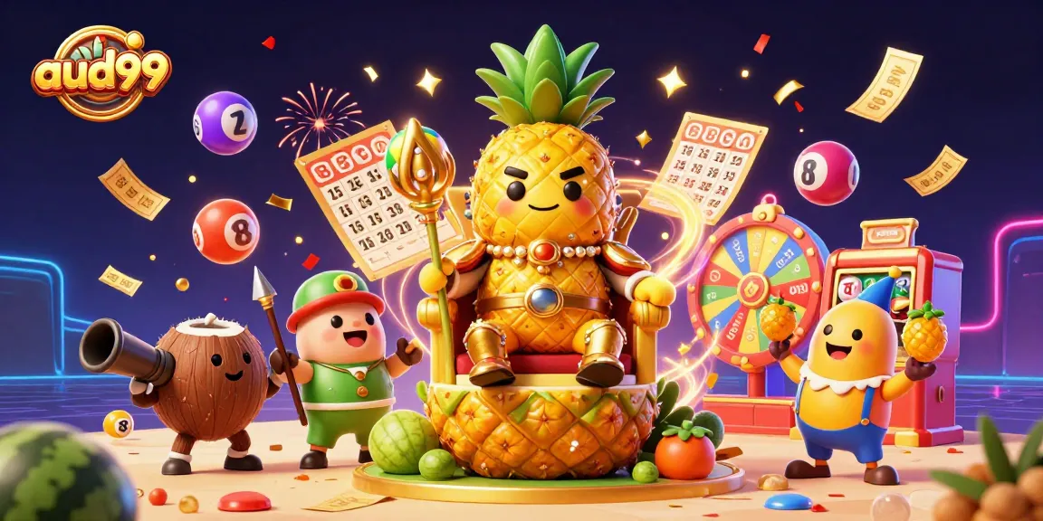 Hit big with aud99-themed elements amid vibrant casino festivities and characters.