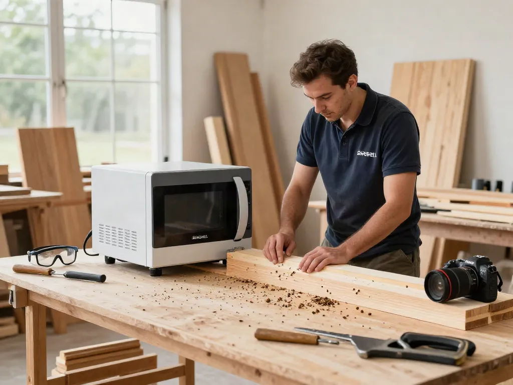 SHASHEL® microwave technology in action treating wood for pests in a modern workshop.