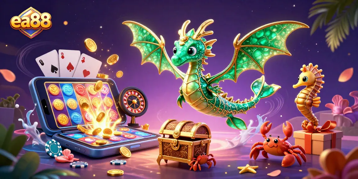 Engage in thrilling gambling at ea88 with a magical sea dragon scene filled with vibrant slot games and treasures.