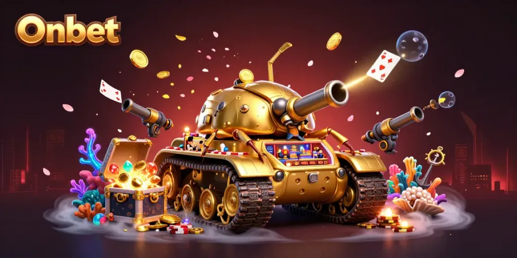Engage with Onbet's vibrant casino experience featuring a unique golden beetle tank and miniature casino explosions.