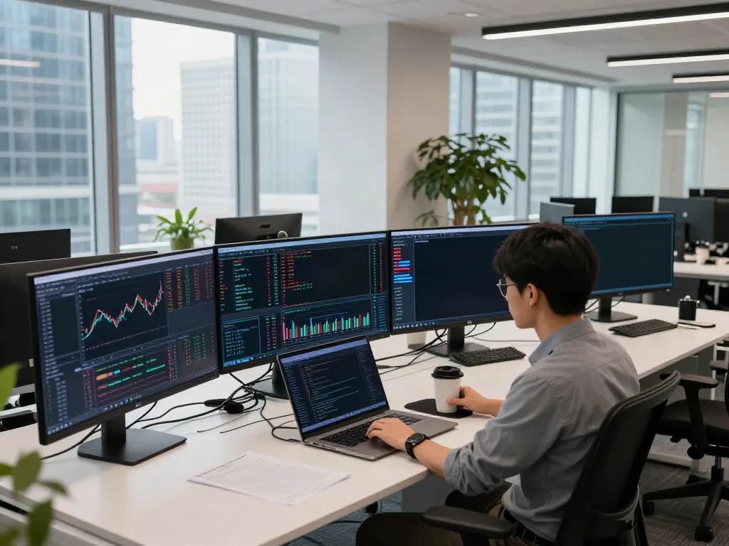 HKEX Level 2 market data displayed on trading monitors in a modern cryptocurrency workspace.
