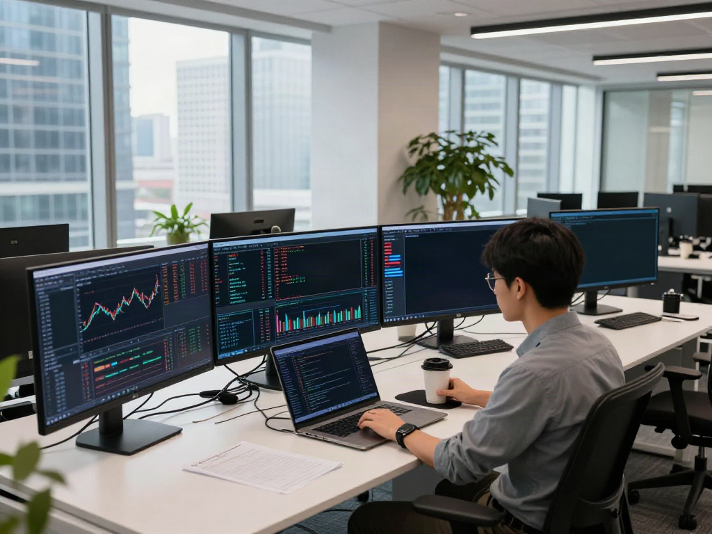 HKEX Level 2 market data displayed on trading monitors in a modern cryptocurrency workspace.