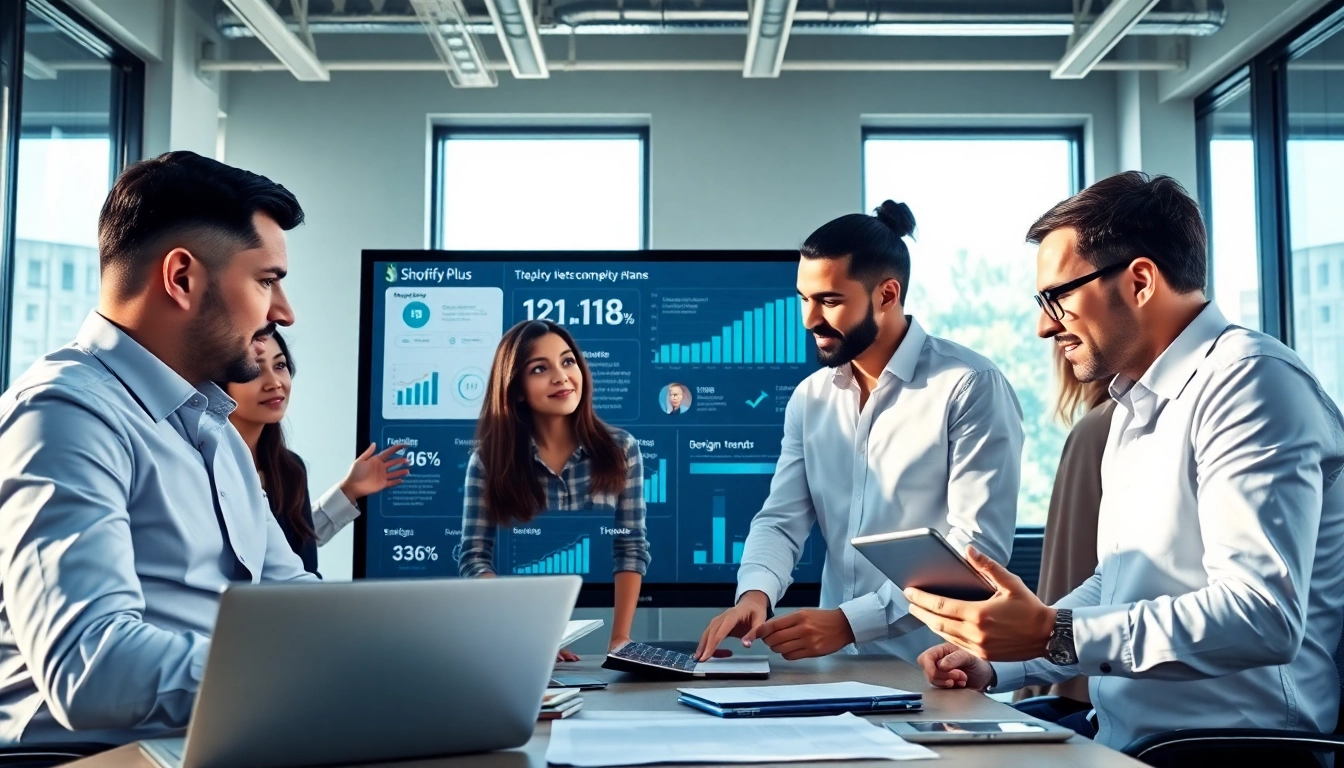 Showcase the dynamic teamwork at a Shopify Plus agency in a modern office setting with digital devices.