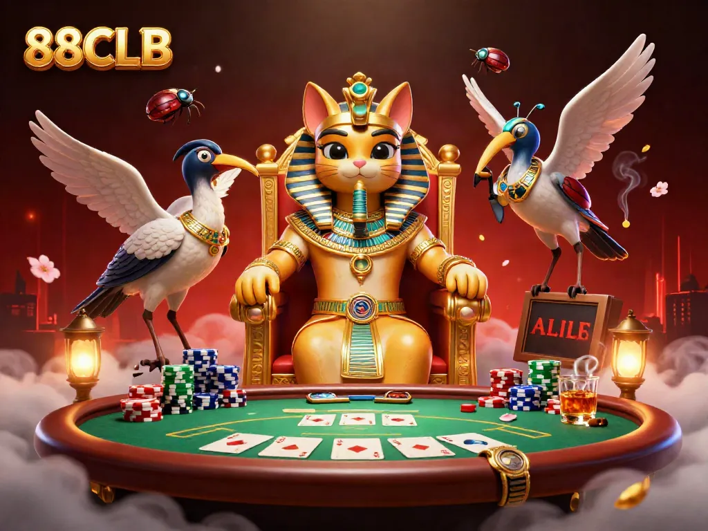Engage in thrilling card action with 88CLB's captivating casino illustration featuring a royal pharaoh cat.