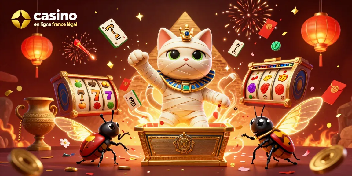 Une animation captivante de la scène de jeu avec un chat momie égyptien et des éléments de casino en ligne légal en France.