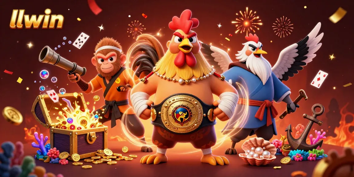 Experience thrilling gaming actions at llwin with Muay Thai rooster and Shaolin monkey amid a vibrant casino scene.